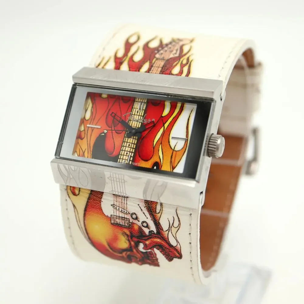 Fender Guitars Flames Skull White Leather 42mm Watch Y2K Rare w New Battery